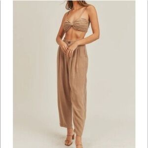 MABLE Women's Wide Leg Linen Blend Tan Pants Cuffed Pleated Medium